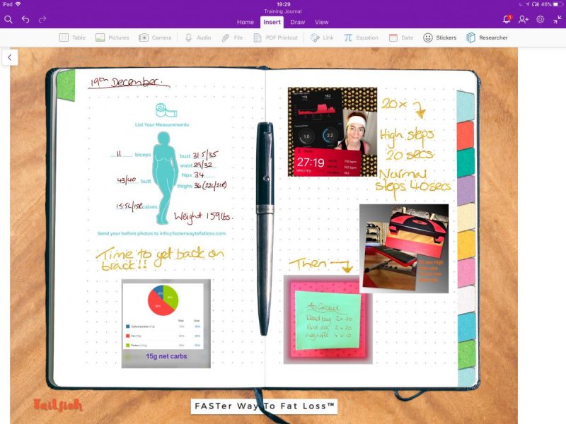 Image of bullet journal showing current bodily measurements and exercise completed