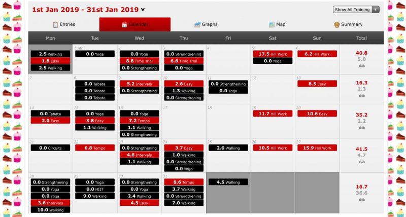 Summary of January workouts from training log